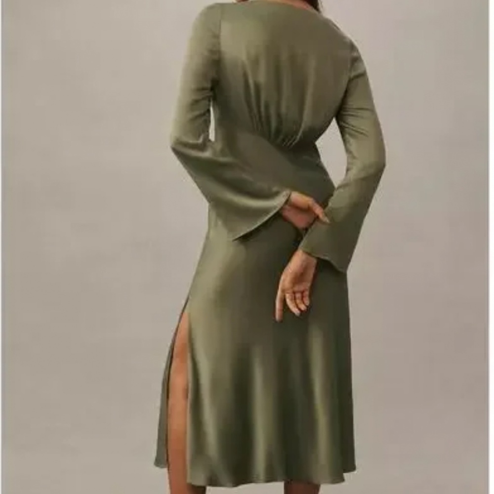 BHLDN Olive Green Midi Dress with V-Neck and Side Slit - Picture 2 of 7